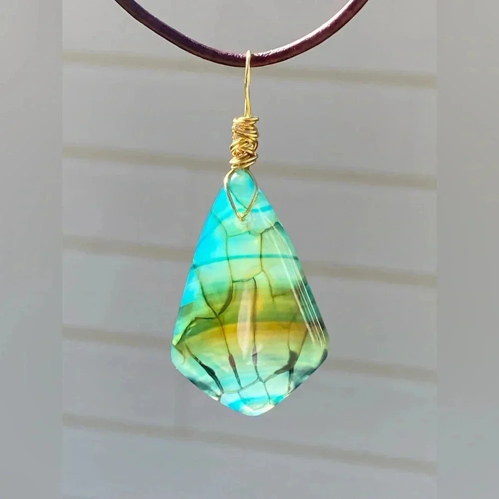 Handmade Aqua Blue Green Dragons Vein Agate Slider Necklace